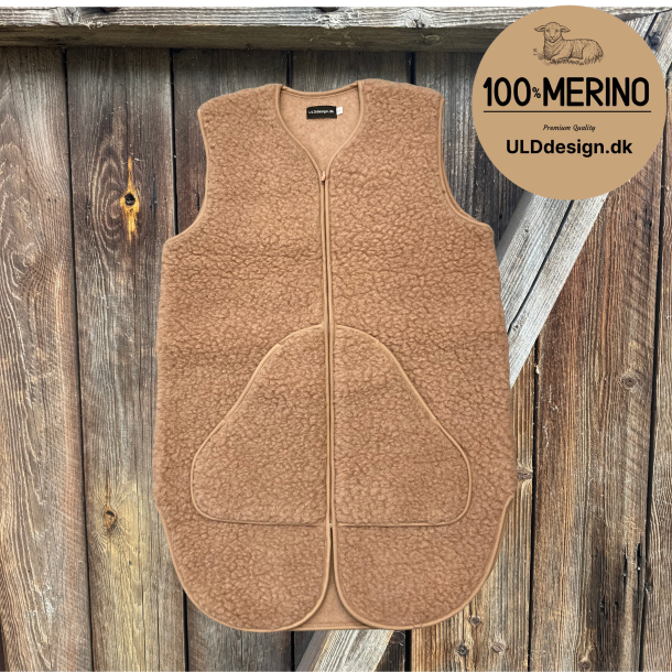  "Lange Lise" camel farvet lang ULD vest med lynl�s og lommer 